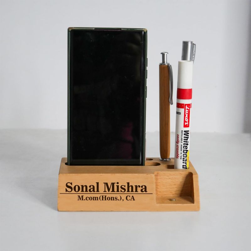 Personalized Wooden Pen Holder With Visiting Card & Mobile Holder